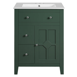 English Elm 24" Modern Bathroom Vanity with Ceramic Basin, French Country Cross-Grid Design & Soft-Close Drawers Green N710P280655F