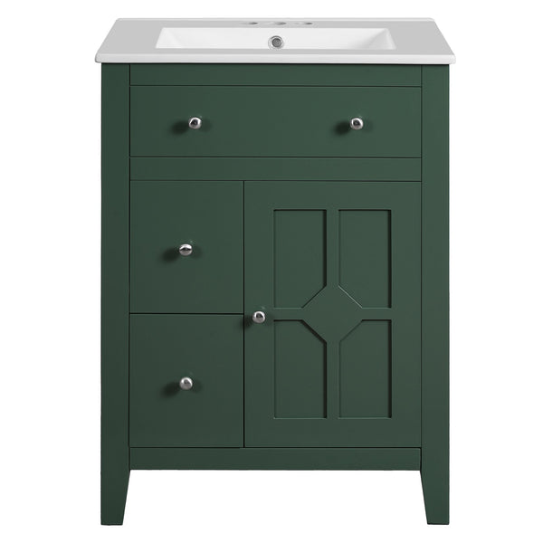 English Elm 24" Modern Bathroom Vanity with Ceramic Basin, French Country Cross-Grid Design & Soft-Close Drawers Green N710P280655F