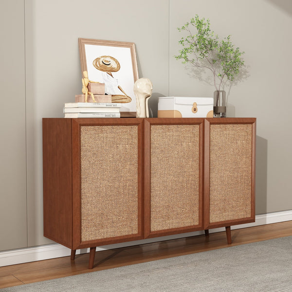 English Elm Entryway Walnut Rattan Storage Console Cabinet with Adjustable Shelves Mid-Century Buffet Sideboard W2263P207528