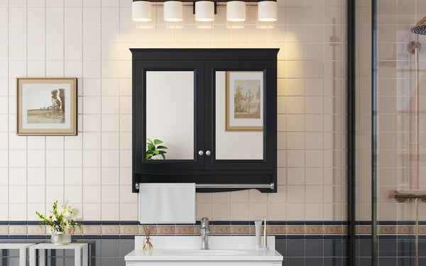 English Elm 3-in-1 Wall Mounted Medicine Cabinet with Soft Close Door Adjustable Shelves and Towel Bar Black N710P405415B