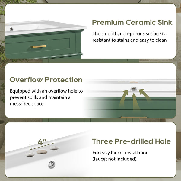 English Elm 30-inch bathroom vanity with ceramic basin, solid wood frame, soft-close doors and adjustable shelves for organized style and lasting durability Green N729P173380F