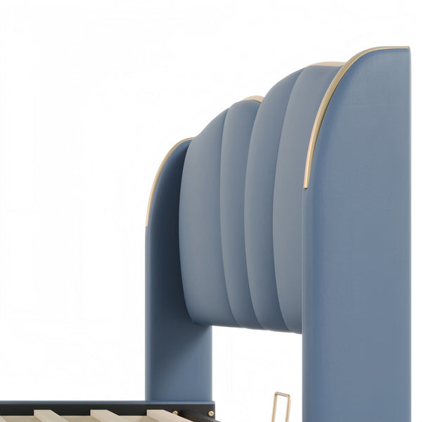 English Elm Christopher Knight Home® - King PU Leather Bed Frame with Wingback Headboard & Footboard, Gold Accents, Platform Slat Support, Elegant Design Antique Blue 85 L x 10 W x 3.25 H N761S0000017C