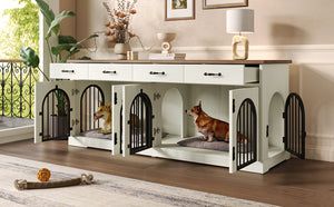 English Elm 70.8" Dual Dog Kennel Console Mdf Cabinet with Arched Iron Doors and Four Drawers N704G201616A