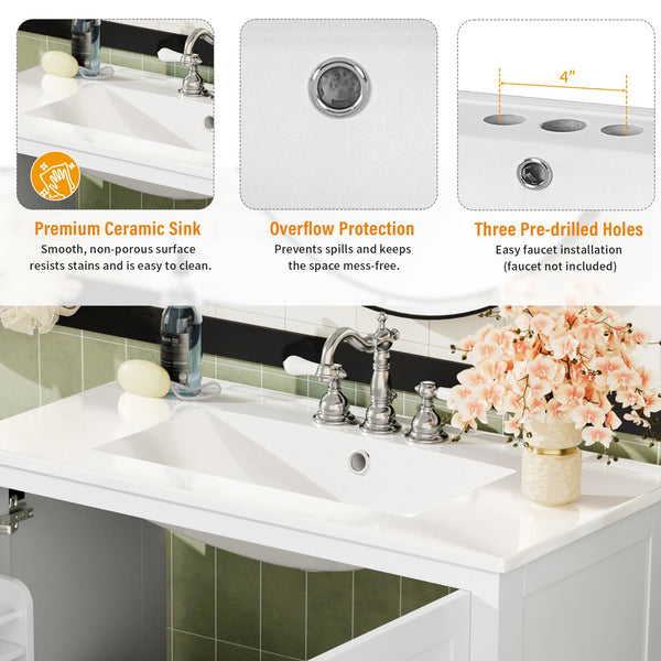 English Elm 72" White Bathroom Vanity Set with Dual Ceramic Sinks, Soft-Close Doors, Divided Drawers & Ample Storage, Solid Wood Frame, Easy Plumbing Access N729P000006K