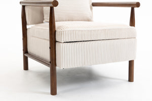 English Elm Storage Accent Chair Mid Century Wood Frame Upholstered Seat with Lumbar Cushion Antique White W2530P401445