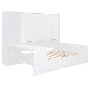 English Elm Full Size Wooden Daybed With Versatile Workspace, Three Storage Drawers, And Adjustable Shelves N820S00055K