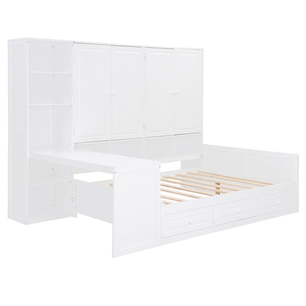 English Elm Full Size Wooden Daybed With Versatile Workspace, Three Storage Drawers, And Adjustable Shelves N820S00055K