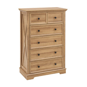 English Elm 6 Drawer Dresser Oak Finish Tall Chest with Silent Metal Rails, Modern Handles, Spacious Storage W2275P206605