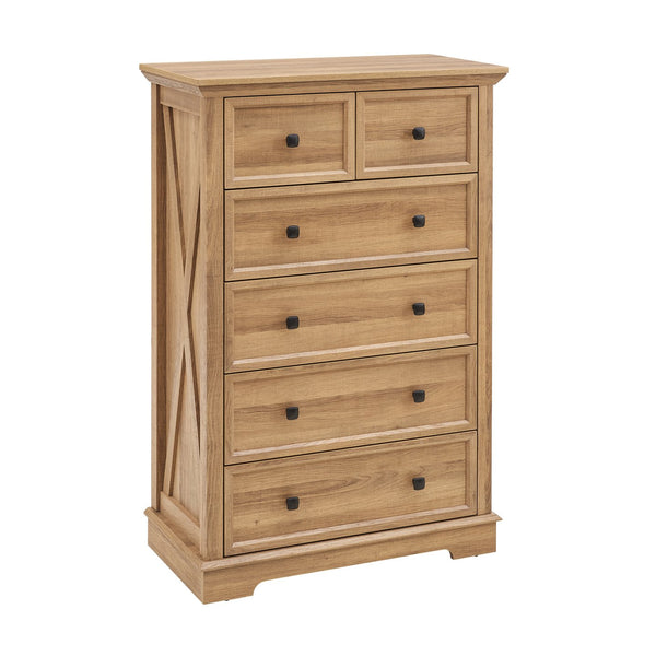English Elm 6 Drawer Dresser Oak Finish Tall Chest with Silent Metal Rails, Modern Handles, Spacious Storage W2275P206605
