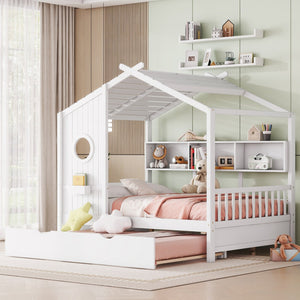 English Elm Wooden Full Size House Bed with Trundle and Built-In Shelves — Modern Pine Frame, Whimsical Roof Design White 57.2 L x 16.25 W x 5.9 H N733S316125K