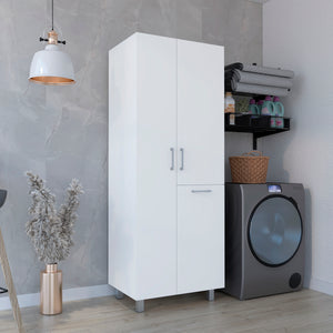 English Elm Iris 71" High Two-Door Broom Closet with Hamper, Slim White Pantry Cabinet for Laundry & Cleaning Supplies B200S00452