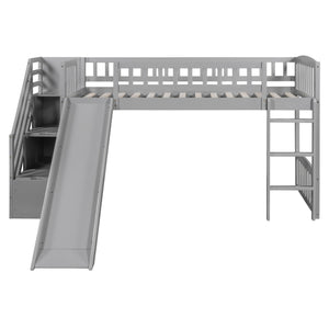 English Elm Stairway Twin Loft Bed with Storage Staircase Slide and Guardrails for Kids Gray LT000515AAE-1