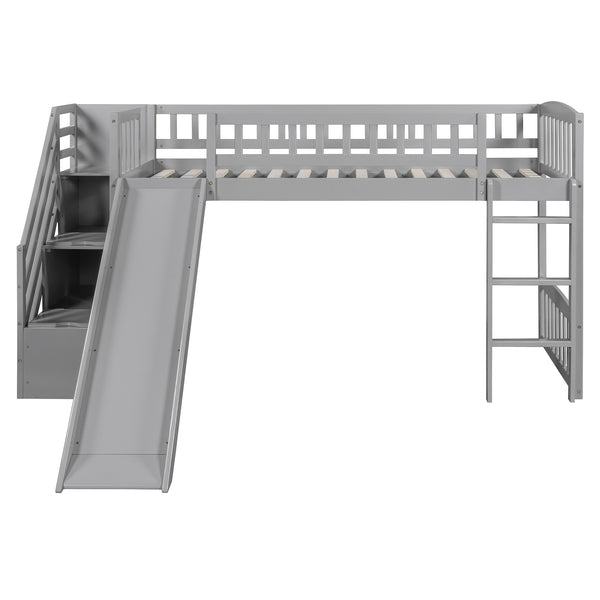 English Elm Stairway Twin Loft Bed with Storage Staircase Slide and Guardrails for Kids Gray LT000515AAE-1