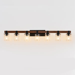 English Elm 50" Rustic 7-Light Vanity Light — Industrial Farmhouse Wall Sconce with Wood Accent, Black Iron & Glass Shades W1340P282705