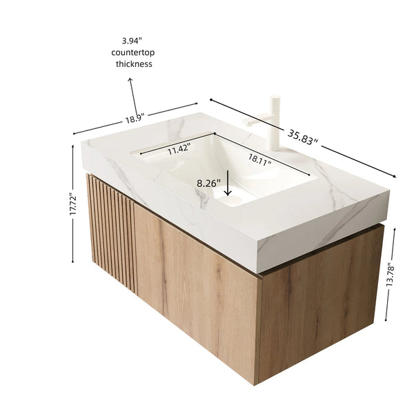 English Elm Muri Floating Bathroom Vanity Plywood Cabinet Sintered Stone Top White Oak Grain W2615S00623