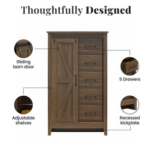 English Elm Alton Farmhouse Chest with Sliding Barn Door Five Drawers and Matte Black Hardware Walnut B2733S00015