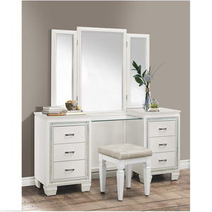 English Elm Modern Allura Tufted Vanity Stool with Acrylic Crystal Accent, Luxurious Faux Leather Seat, Chic Bedroom Accent Piece White 18.5 L x 17 W x 8.5 H B011P366052