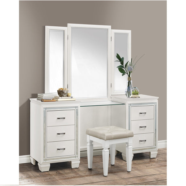 English Elm Modern Allura Tufted Vanity Stool with Acrylic Crystal Accent, Luxurious Faux Leather Seat, Chic Bedroom Accent Piece White 18.5 L x 17 W x 8.5 H B011P366052