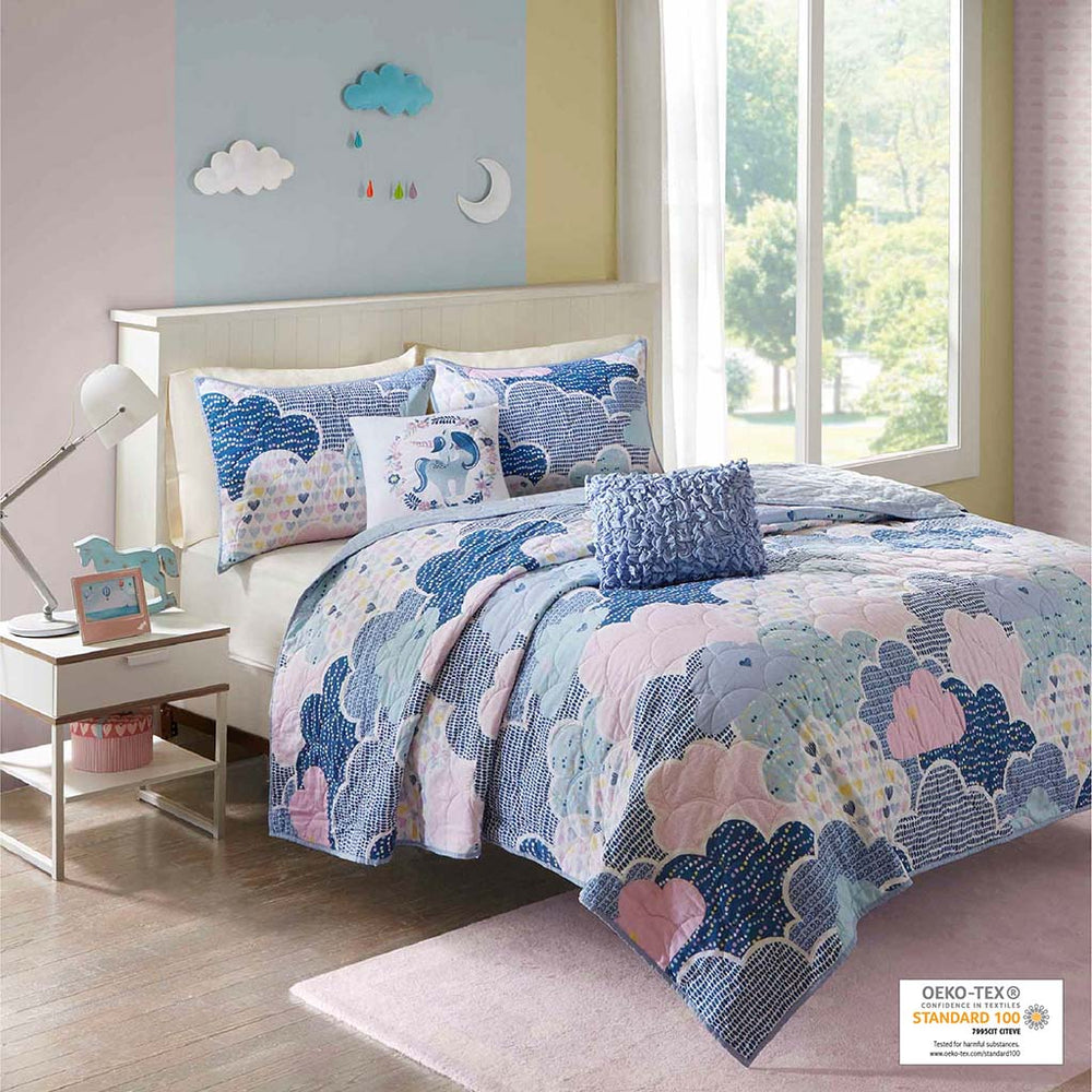 JLA Home Urban Habitat Kids - Reversible Cotton Quilt Set with Whimsical Cloud Print, Hypoallergenic, Antimicrobial, Cozy Decor Blue UHK13-0020