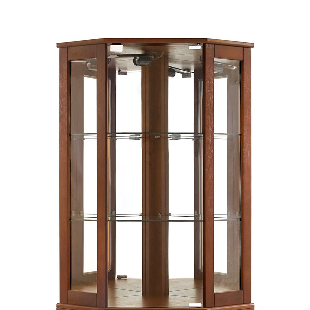 English Elm 6 Shelf Corner Curio Cabinet with Interior Lighting, Mirrored Back, Glass Shelves for Displays Walnut W1693P165021