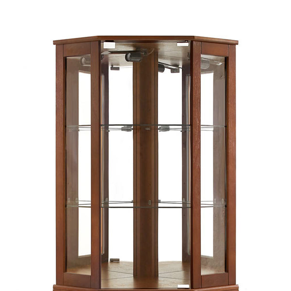 English Elm 6 Shelf Corner Curio Cabinet with Interior Lighting, Mirrored Back, Glass Shelves for Displays Walnut W1693P165021