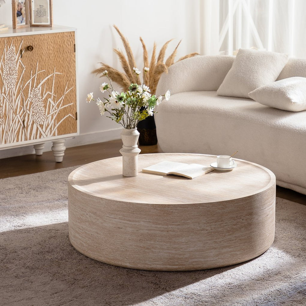 English Elm 39.37" Round Drum Coffee Table with Bold Mars Stone Print for Modern Living Rooms W3081P394201