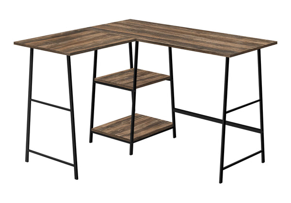 English Elm Computer Desk, L-Shaped Corner Design For Home Office, Modern Brown Laminate With Black Metal Legs B2710P221283
