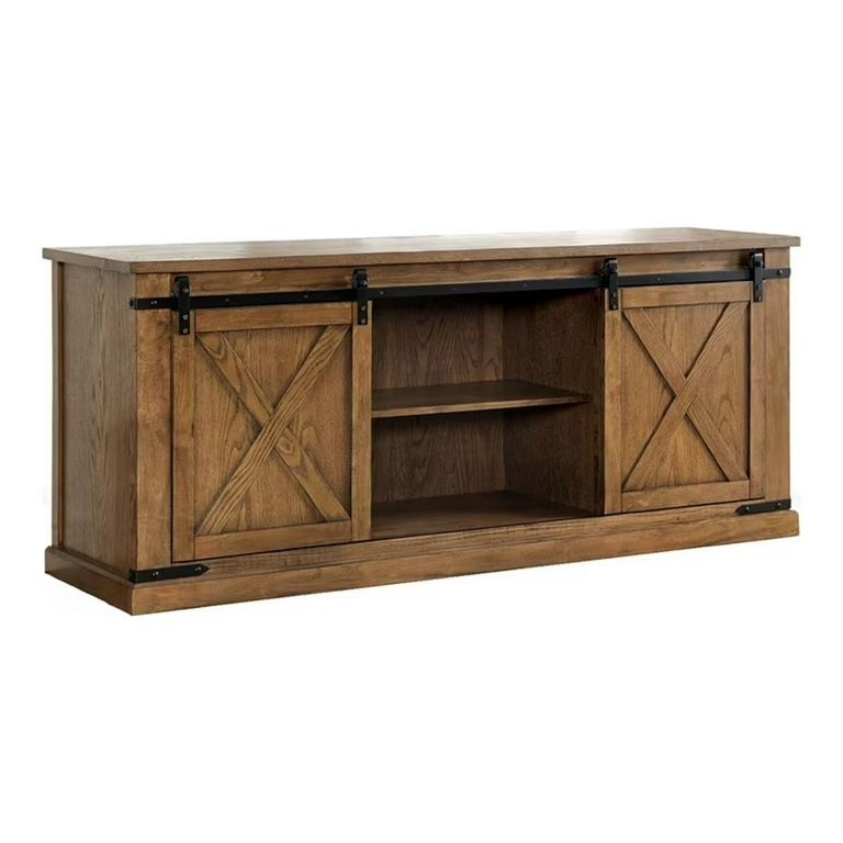 English Elm Rustic 72" TV Console with Sliding Barn Doors, X-Design Metal Accents, Open Shelves, Dark Oak Finish B2741P361884