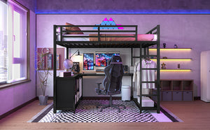 English Elm Metal Loft Bed With Integrated Desk, Storage Shelves & Wardrobe – Space-Saving Solution For All Ages W1580S00117