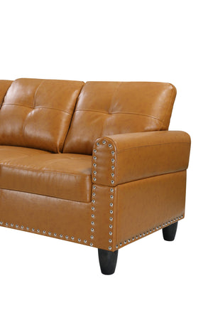 English Elm Black Faux Leather Sectional Sofa with Cup Holders Storage Ottoman and Nailhead Trim Ginger B2730S00020