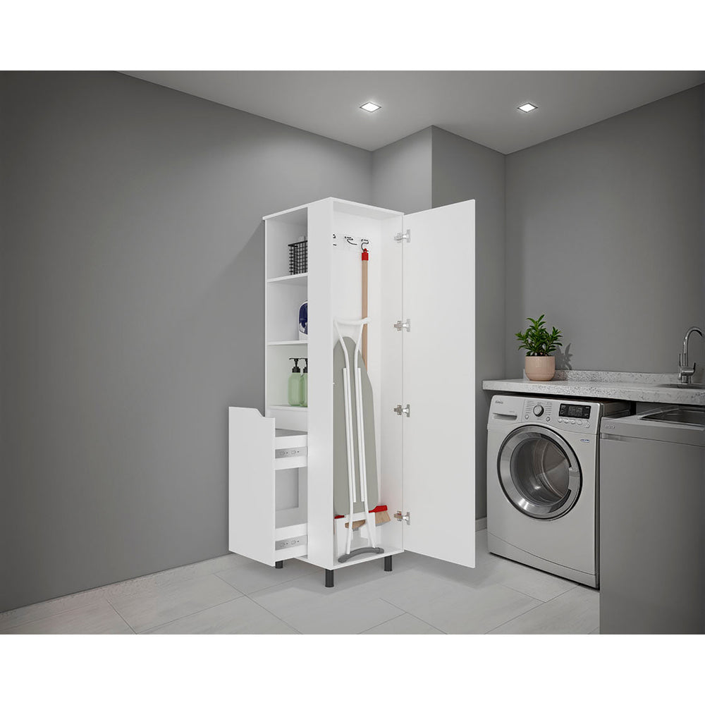 English Elm White Tall Broom Closet with Open Shelves Drawer and Full Length Door for Laundry Rooms B062S01877