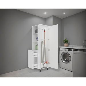 English Elm White Tall Broom Closet with Open Shelves Drawer and Full Length Door for Laundry Rooms B062S01877