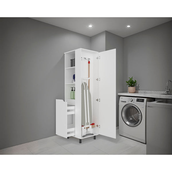 English Elm White Tall Broom Closet with Open Shelves Drawer and Full Length Door for Laundry Rooms B062S01877