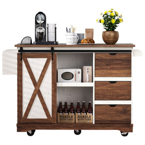 English Elm K&K 55.5" Farmhouse Kitchen Island with Sliding Barn Door, Drop Leaf, Charging Station, Wheels White N707P288229W