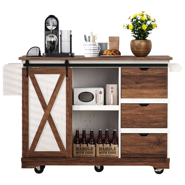 English Elm K&K 55.5" Farmhouse Kitchen Island with Sliding Barn Door, Drop Leaf, Charging Station, Wheels White N707P288229W