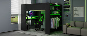 English Elm Full Size Gaming Bunk Bed with Rgb Lighting Integrated Desk Wardrobe and Storage Green LT100266AAG