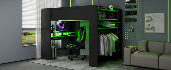 English Elm Full Size Gaming Bunk Bed with Rgb Lighting Integrated Desk Wardrobe and Storage Green LT100266AAG
