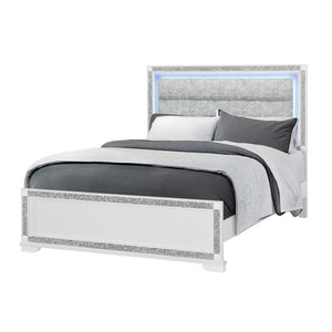 English Elm Soulmarie Upholstered Queen Bed with Led Lighting Padded Headboard Glam White Frame B201S00454