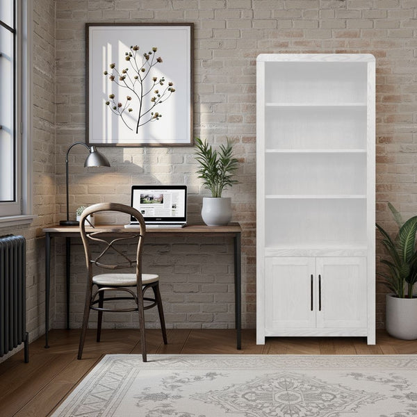 English Elm Haven 78" Bookcase Pier Cabinet — Oak Veneer, Curved Transitional Design with Shelves & Doors (No Assembly) White B108P364418