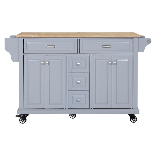 English Elm Kitchen Island durable rubberwood countertop kitchen cart on casters with towel rack, spice shelf, 5 drawers and adjustable shelving for organized meal prep and mobility Grey W914S00001