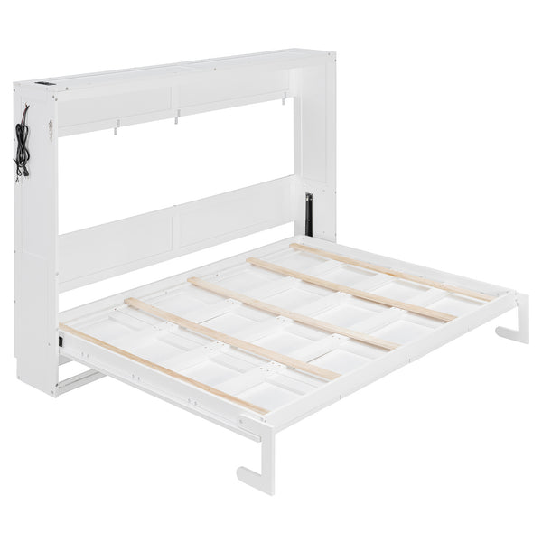 English Elm Queen-size Murphy Wall Bed with Led Ambient Lighting Usb Outlet and Graphic Panel White LP000357AAK