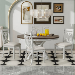 English Elm Trexm Retro Extendable Round Dining Set with Four Linen Upholstered Chairs Rubberwood Brown + Antique White ST000141AAD-2026