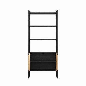 English Elm Natural Rattan Bookshelf with Matte Black Frame Open Display and Closed Storage Cabinet W2263P395493