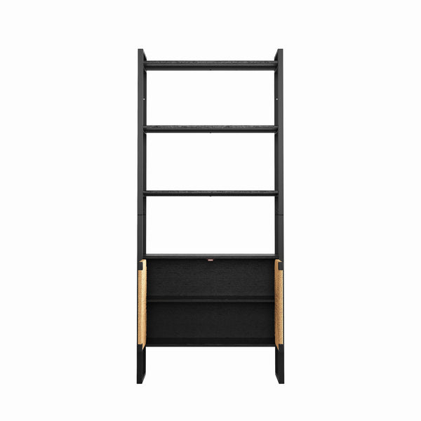 English Elm Natural Rattan Bookshelf with Matte Black Frame Open Display and Closed Storage Cabinet W2263P395493