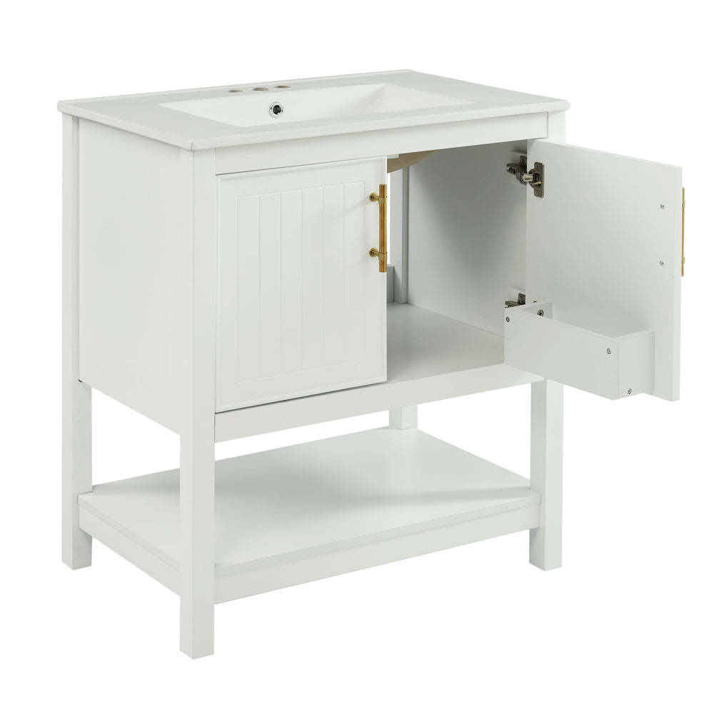 English Elm 30-Inch White Bathroom Vanity With Ceramic Sink - Stylish Storage Solution For Small Spaces! WF325888AAK