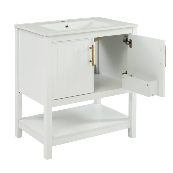 English Elm 30-Inch White Bathroom Vanity With Ceramic Sink - Stylish Storage Solution For Small Spaces! WF325888AAK