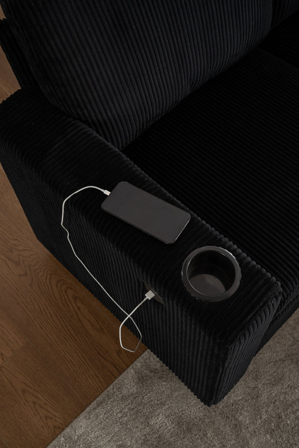 English Elm Sectional Corduroy Sleeper Sofa with Storage and Charging Ports for Small Spaces Black W1361S00078