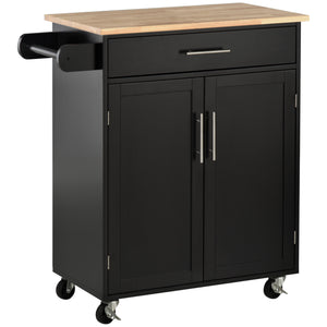 English Elm HOMCOM Mobile Kitchen Island Cart with Drawer & Cabinet, Rubberwood Countertop, Towel Rack, Black W2225P173900