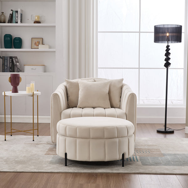 English Elm 40.35"W Oversized 360° Swivel Barrel Chair & Ottoman Set - Velvet Pumpkin Club Chair With 3 Pillows W3118S00009