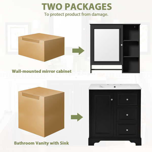 English Elm 30-inch bathroom vanity mirror cabinet set with ceramic sink, solid wood build, 3 drawers & shelves Black SV000028AAB